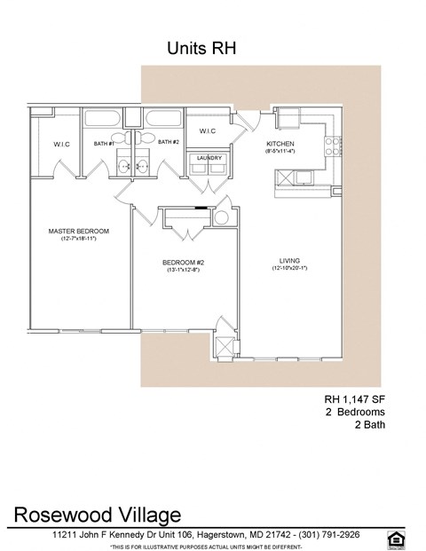 Floor plan for 2 beds, 2 baths, 1147 sqft